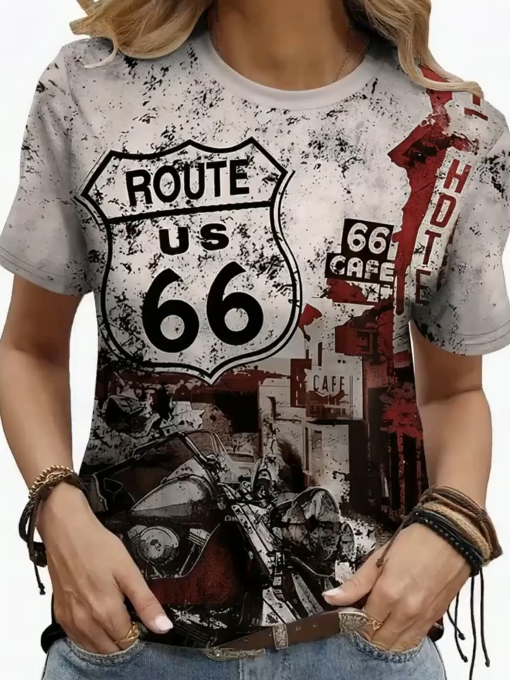 2D Print Retro Fashion Elegant Vacation Abstract Painting Letter Slogan Building Motorcycle Graphic All-Over Print Breathable Round Neck Short Sleeve T-Shirt, Casual Fashion Short Sleeve Women'S Shirt, New Women'S Short Sleeve Outerwear Top