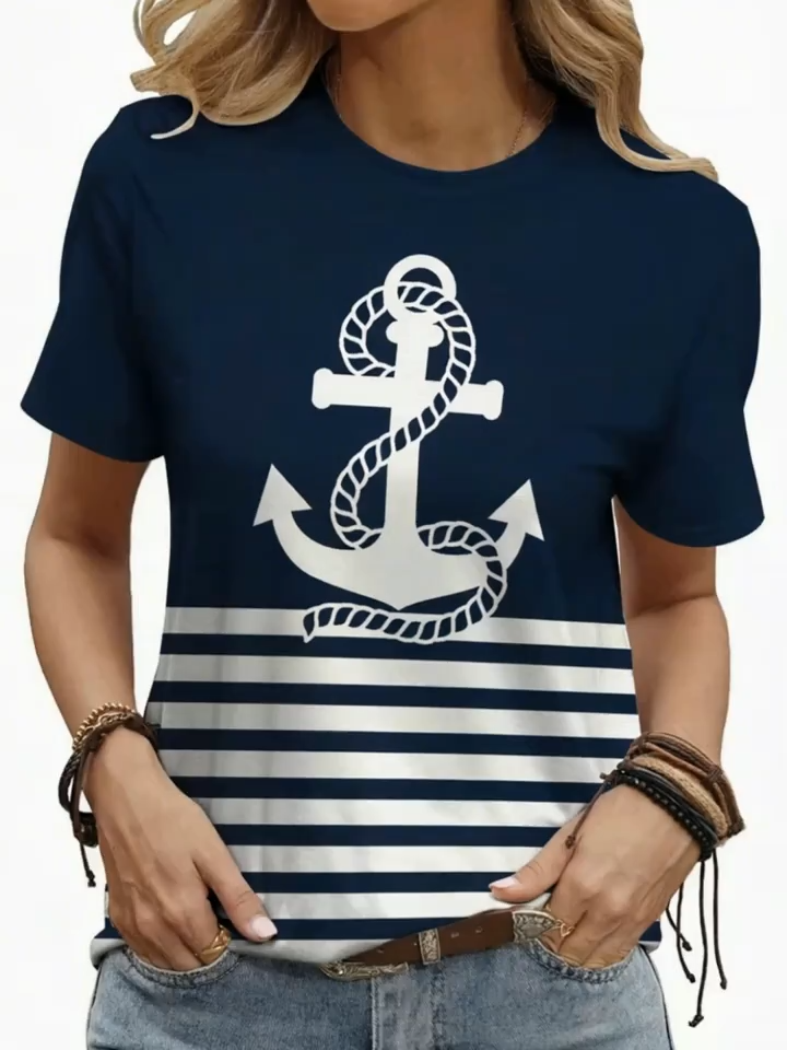 Elegant Casual T-Shirt with 2D Print | Striped Color Block, Anchor Graphic, Crew Neck, Breathable, Short Sleeves for Women | Vacation