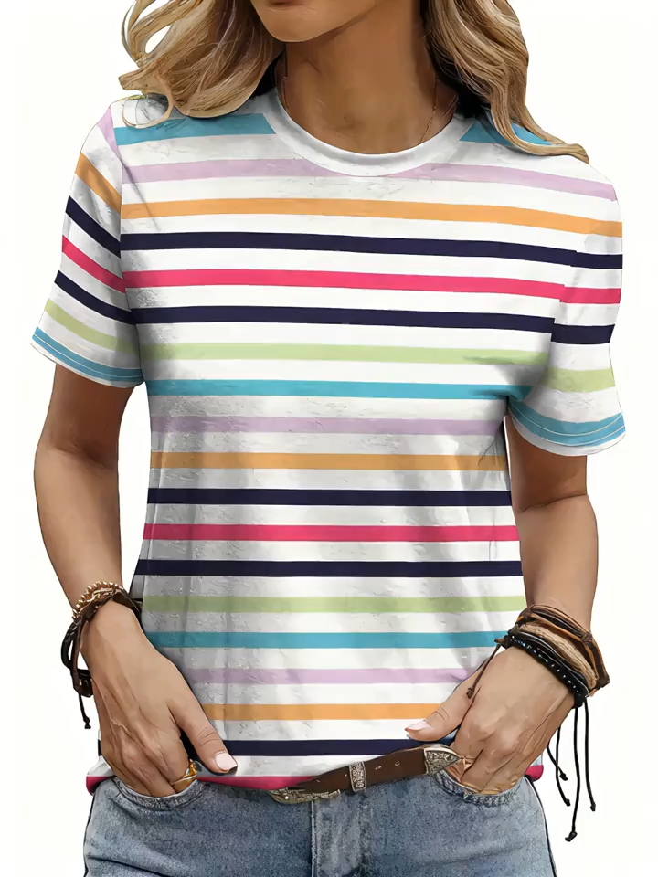 2D Print Elegant Vacation Rainbow Stripe Full-Print Breathable Round Neck Short Sleeve T-Shirt Casual Shirt New Women's Short Sleeve Top